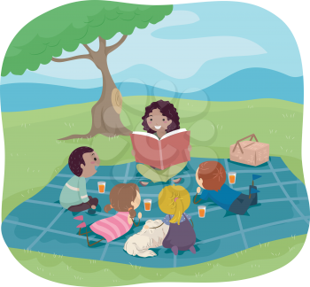 Stickman Illustration of Kids Listening to an Adult Reading a Storybook
