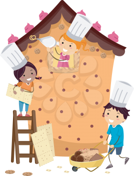 Stickman Illustration of Kids Building a Pastry House