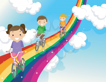 Stickman Illustration of Kids Biking Along a Rainbow