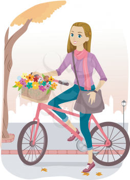Illustration of a Girl Riding a Bike with a Basket Full of Flowers
