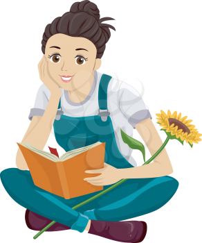 Illustration of a Teenage Girl Reading a Gardening Book
