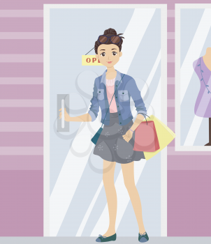 Illustration of a Teenage Girl Opening the Door of a Boutique
