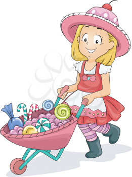 Illustration of a Little Girl Pushing a Wheelbarrow Full of Candies