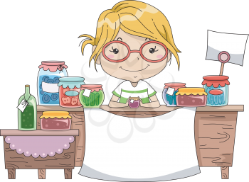 Illustration of a Little Girl Manning the Counter of a Homemade Goods Stall