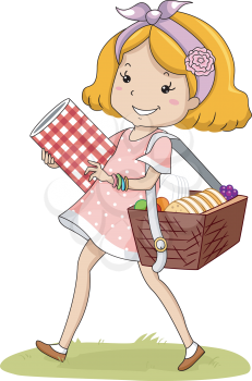 Illustration of a Little Girl Carrying a Picnic Basket