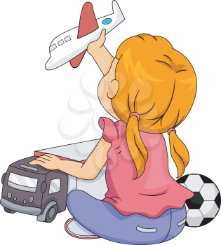 Illustration of a Little Girl Playing with Toys Associated with Boys