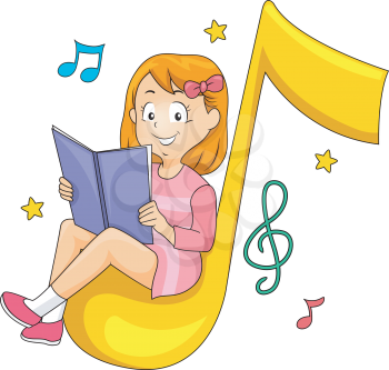 Illustration of a Little Girl Sitting Comfortably While Reading a Music Book