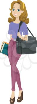 Illustration of a Busy Teenage Girl with a Multimedia Bag Strapped on Her Shoulder