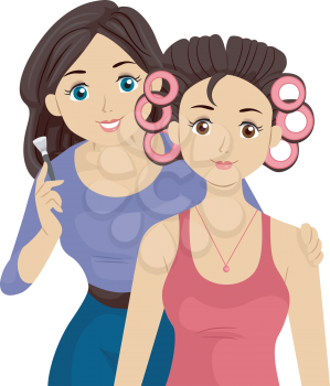 Illustration of a Teenage Girl Giving Her Friend a Makeover