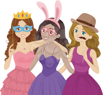 Illustration of Teenage Girls in Costumes Taking a Photo in a Photo Booth