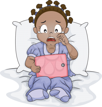 Illustration of a Sad African Girl Crying Over What She is Watching on Her Tablet