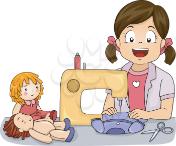 Illustration of a Little Girl Making Homemade Dresses for Her Dolls