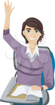 Illustration of a Teenage Guy Raising His Hand to Answer a Question