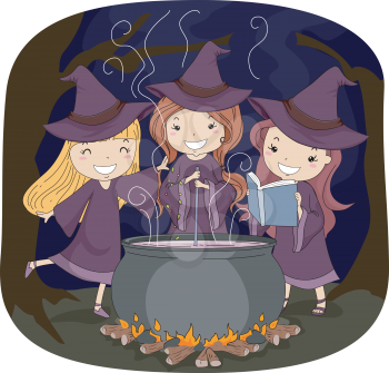 Illustration of Three Little Witches Making a Potion