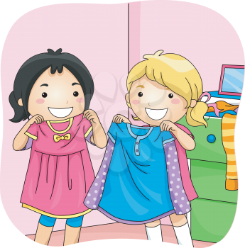 Illustration of Little Girls Sharing Dressed with Each Other