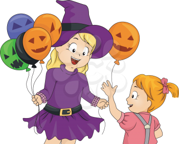 Illustration of a Little Girl Handing Out Halloween Themed Balloons