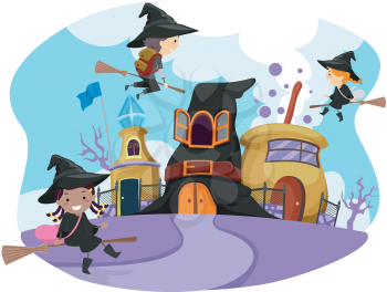 Whimsical Illustration of Stickman Kids Dressed as Witches Going to Wizardry School