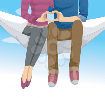 Illustration of a Teenage Couple Sitting on a Hammock Making a Heart Sign