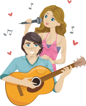 Illustration of a Teenage Girl Singing While Her Boyfriend Plays the Guitar