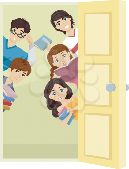 Illustration of a Group of Teenage Students Carrying Study Materials Peeking from Behind a Door
