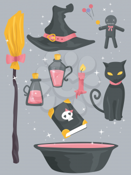 Grouped Illustration of Elements Typically Associated with Witches