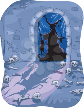 Halloween Illustration of a Witch Entering a Dungeon Filled with Skeletons