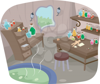 Illustration of a Laboratory for Witches Complete with Different Kinds of Potion