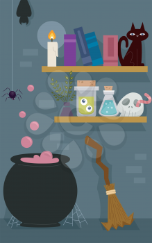 Illustration of the Room of a Witch with a a Shelf Full of Witchcraft Tools