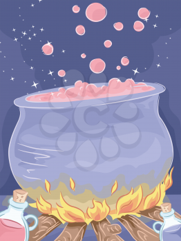 Illustration of a Mysterious Potion Brewing in a Giant Cauldron