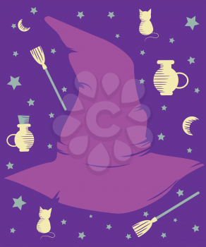 Illustration of a Purple Witch Hat Surrounded by Witchcraft Related Items