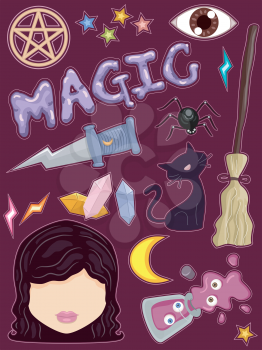 Whimsical Illustration of Ready to Print Stickers Featuring Witchcraft Related Items