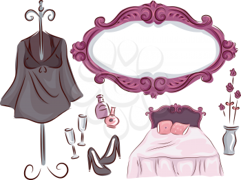 Illustration of a Ladies Bedroom with Different Items Commonly Associated with Women