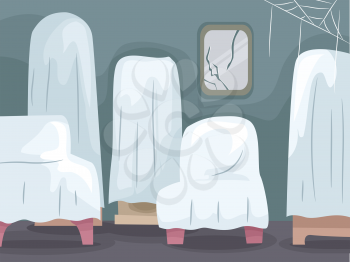 Illustration of Abandoned Home Furniture Covered with White Sheets