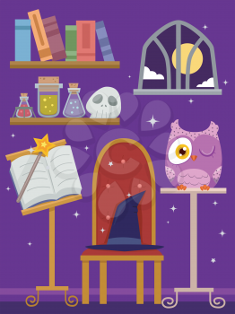 Illustration of a Purple Room Filled with Wizardry Related Items