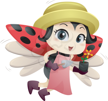 Illustration of a Cute Ladybug Carrying a Flower in a Plastic Container