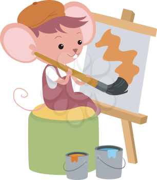 Illustration of a Cute Mouse Painting with a Large Brush