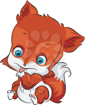 Illustration of a Cute Baby Fox Licking its Paw