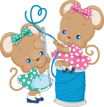 Illustration of a Pair of Cute Mice Threading a Needle