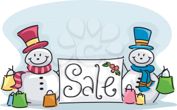 Illustration of a Happy Snowman Standing Beside a Sale Sign