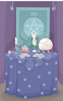 Illustration of a Table Filled with Things Commonly Used for Fortune Telling