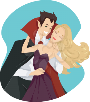 Illustration of a Suave Vampire Biting a Girl
