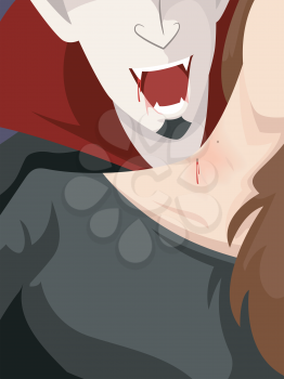 Halloween Illustration of a Vampire Biting the Neck of a Girl