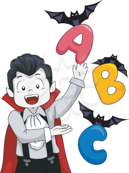 Illustration of a Little Vampire Playing with Letters of the Alphabet