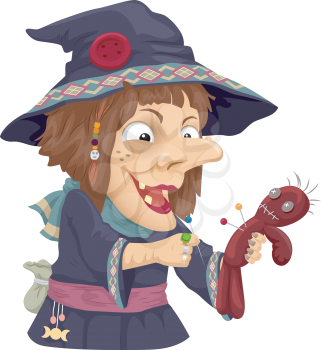 Illustration of a Witch Piercing a Voodoo Doll with Needles