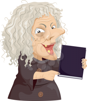Illustration of a Scary Old Hag Holding a Black Book