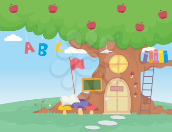 Illustration of an Apple Tree with Letters of the Alphabet Dangling from It