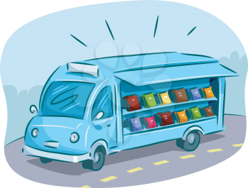 Illustration of a Mobile Library Filled with Books Driving Around Town