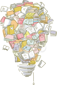 Illustration of a Collection of Books Forming the Shape of a Lightbulb