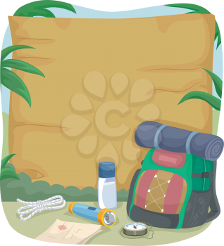 Illustration of a Blank Wooden Sign with Camping Gear Sitting Beside It