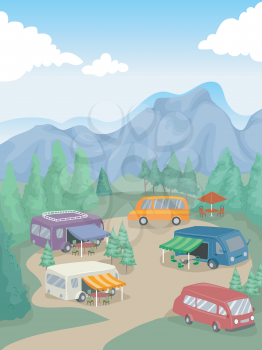 Illustration of Recreational Vehicles Parked in a Camp Site
